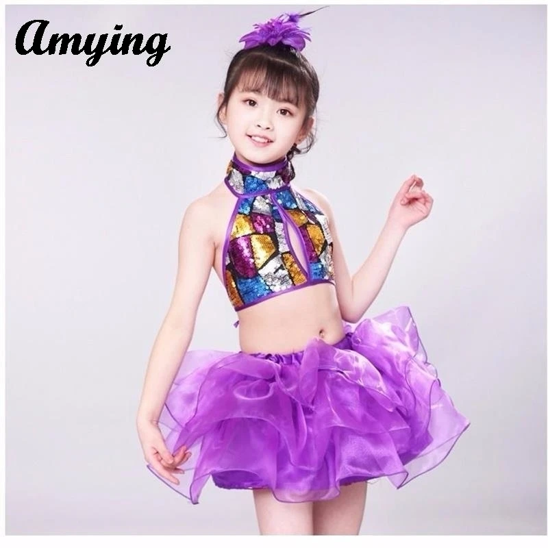 Kinder niedlichen geschwollenen Rock Ballett Tanz kleid lila Kleid Jazz Tanz kleid Mädchen tanzen Kleid Kind bunte Pailletten Garn Kleid