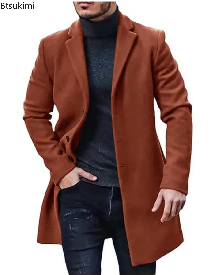 Neue 2025 Herbst Winter männer Lange-sleeve Revers einreiher Jacke Woolen Feste Taste Mäntel Beiläufige Lose männer Einfache Jacken