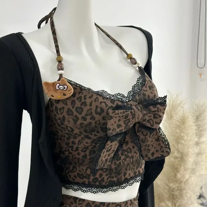 MiiiiX Sexy Hot Girl Retro Leopard Print Suits Slim Bow Halter Vest Cardigan Top Short Tiered Skirt Autumn Women's Two Piece Set