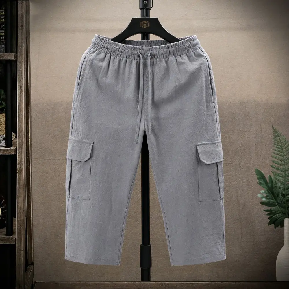 Fashion 2026 Mutil Pocket Elastic Waist Grey Cotton and Linen Overalls Loose and Comfortable calf Baggy 3/4 Mid-length Pants