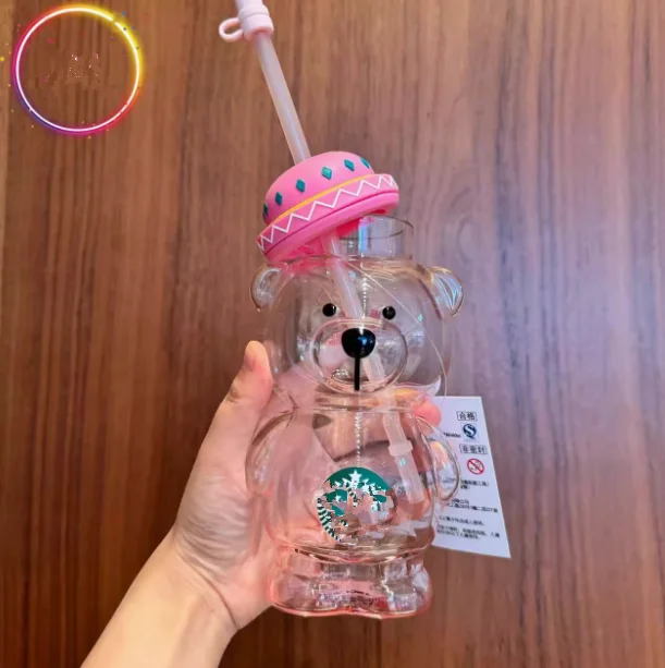 2024★★★Cute Bear Shaped Glass Straw Cup, Alpaca amusement park Series Water Cup, 460ml