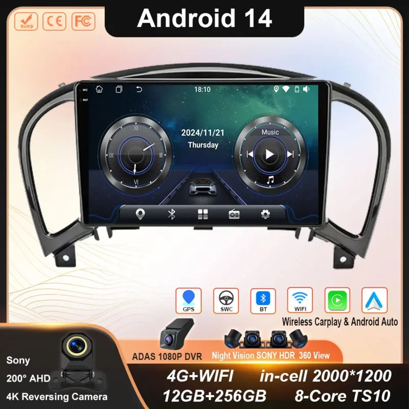 

Android 14 Car Radio Multimedia Video Player For Nissan Juke YF15 2010-2014 GPS Navigation Head Unit Carplay WIFI 4G No 2din DVD