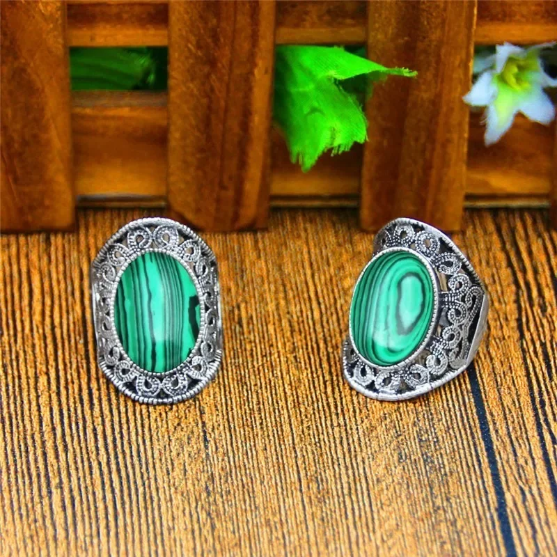 Oval Malachite Rings For Women Flower Desing Vintage Look Antique Silver Plated Fashion Jewelry TR666