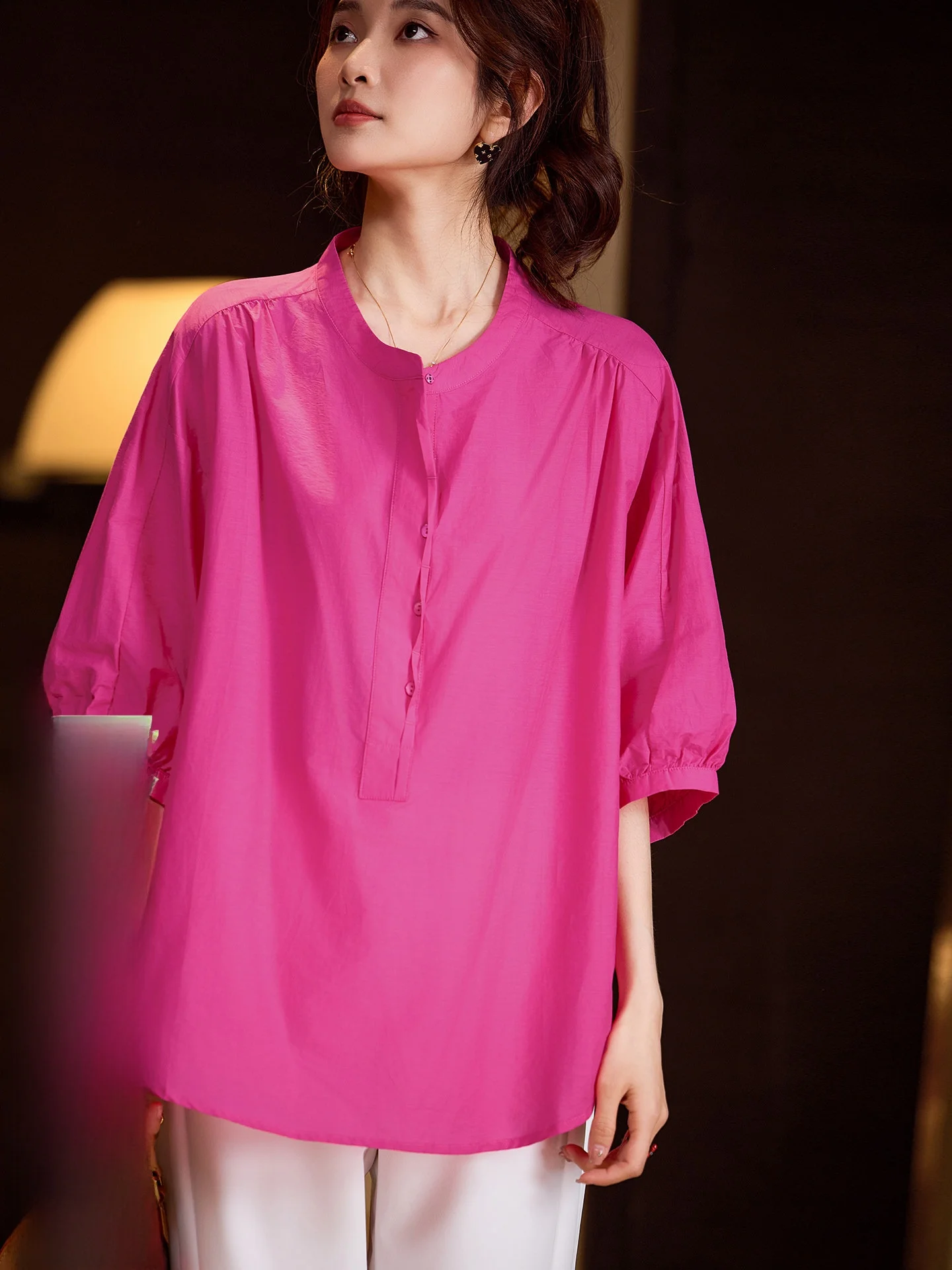 

Street Style Loose Fit Pure Color Shirt Women's Spring 2026 New Fashion Stand Collar Breathable Comfortable Cotton Blend Top