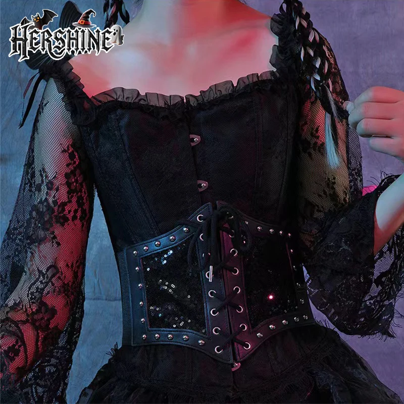 HERSHINE Women's Black Fashion Sequin and Studded Elastic Wide Waist Belt, Y2K Gothic Harajuku Rock Hip Hop Style，spring，summer