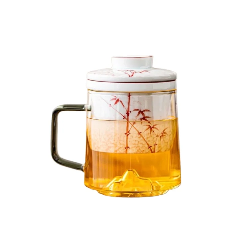 Hand-Painted Red Bamboo Glass Office Tea Cup with Lid and Handle for Home Office Tea Brewing and Daily Use