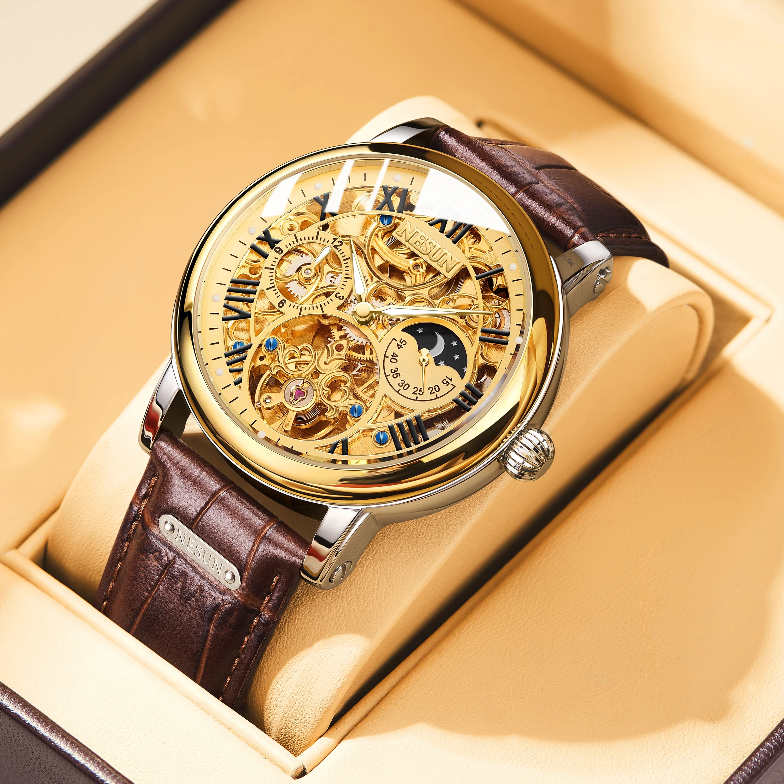 

NESUN Двусторонние механические часы со скелетонизированной гравировкой, полностью автоматические мужские наручные часы, светящиеся мужские часы, модные w