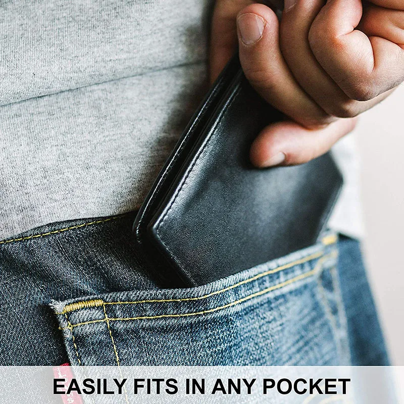 Portfel dla mężczyzn RFID blokowanie wąska przednia kieszeń Bifold prawdziwej skóry portfel męski z okienko na ID prezenty dla mężczyzn