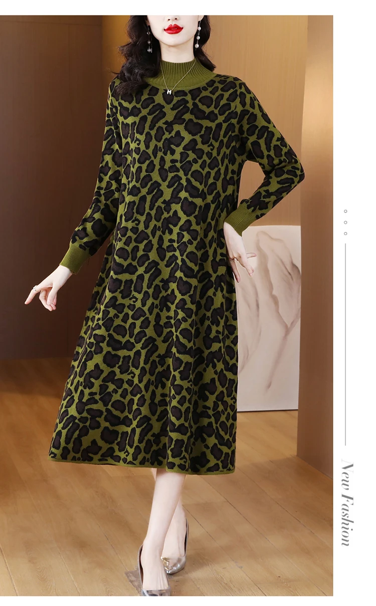 Women Winter Sweater Dress Oversized Turtleneck Leopard Printted Thick Warm Knee-Length Loose Long Knitted Robe Woman Clothing