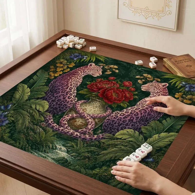 VIKAMA Jungle Purple Leopard Floral Mahjong Mat Noise Reducing Non Slip Pad Family American Mahjong Domino Cover