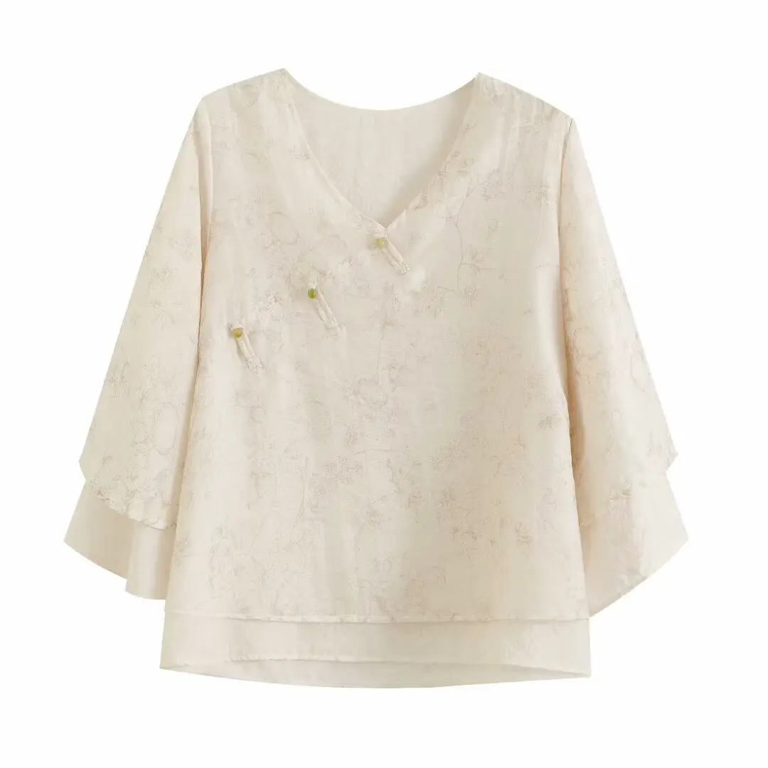 

BM&MD&ZA Womens New Chinese - style Elegant Three - quarter - length Sleeve Pankou Jacquard Blouse with Cuff and Hem Patchwork