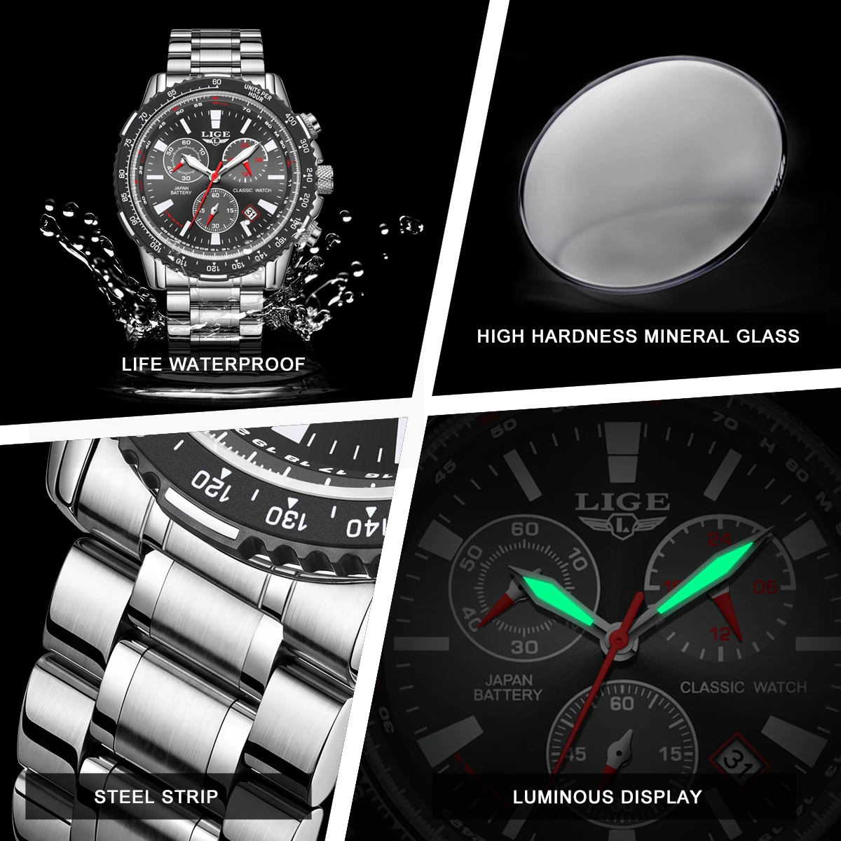 LIGE Top Brand Fashion Man's Quartz Chronograph Wristwatch Luxury Waterproof Military Full Steel Watches for Men Casual Watch - view 6