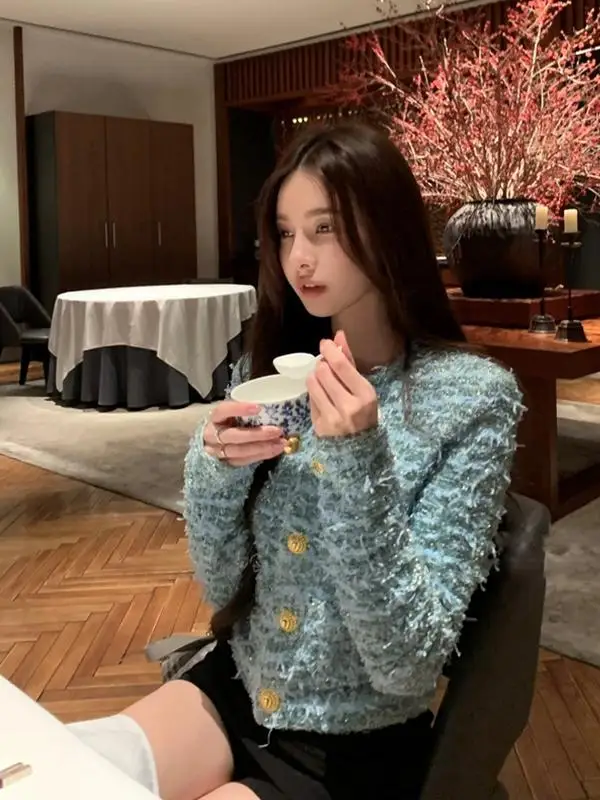 

Синее пальто с золотой отделкой для женщин, новинка ранней весны, приталенное, элитное, с бахромой, модное, элегантное