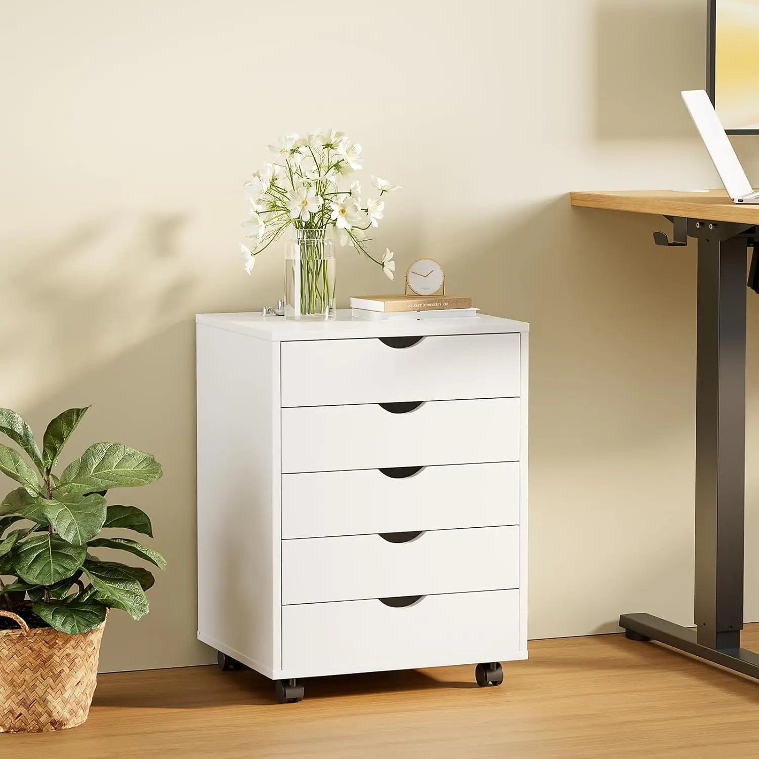 5 Drawer Chest, Dressers Storage Cabinets Wooden Dresser Mobile Cabinet with Wheels Room Organizer, White Wood