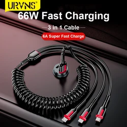 URVNS USB 66W Super Fast Charging Cable, Retractable Multi 3 in 1 Type C/Micro USB 6A Charger Cord for iPhone Samsung Huawei