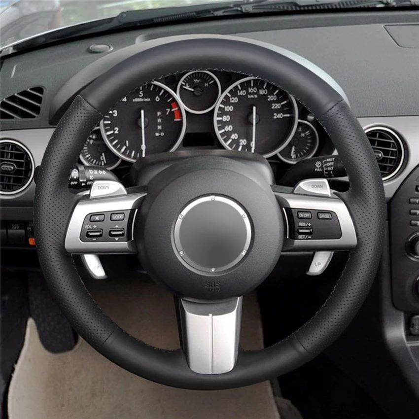 

Hand-Stitched Non-slip Durable Black Leather Steering Wheel Cover Wrap for Mazda MX-5 2009-2013 RX-8 2009-2013 CX-7 CX7 2007-09