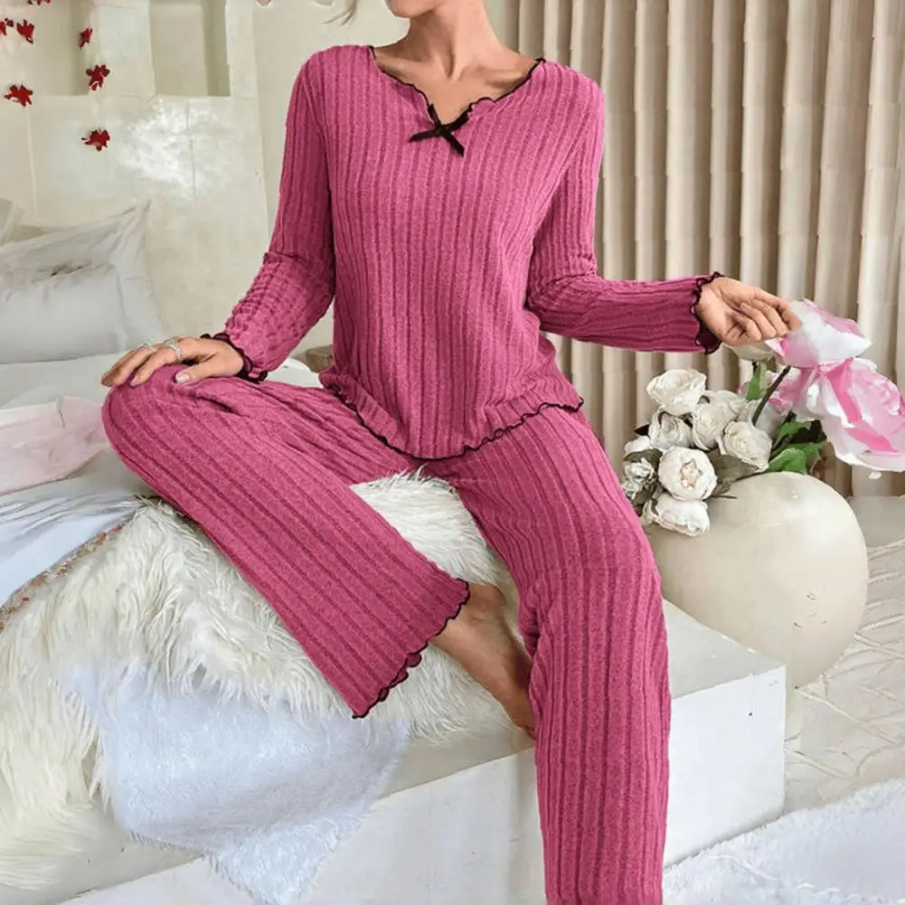 2 Pcs/Set Women Loungewear Outfit Top Pants Suit Long Sleeves V Neck Bow Shirring Decor Top Elastic Waist Thread Pants For Fall