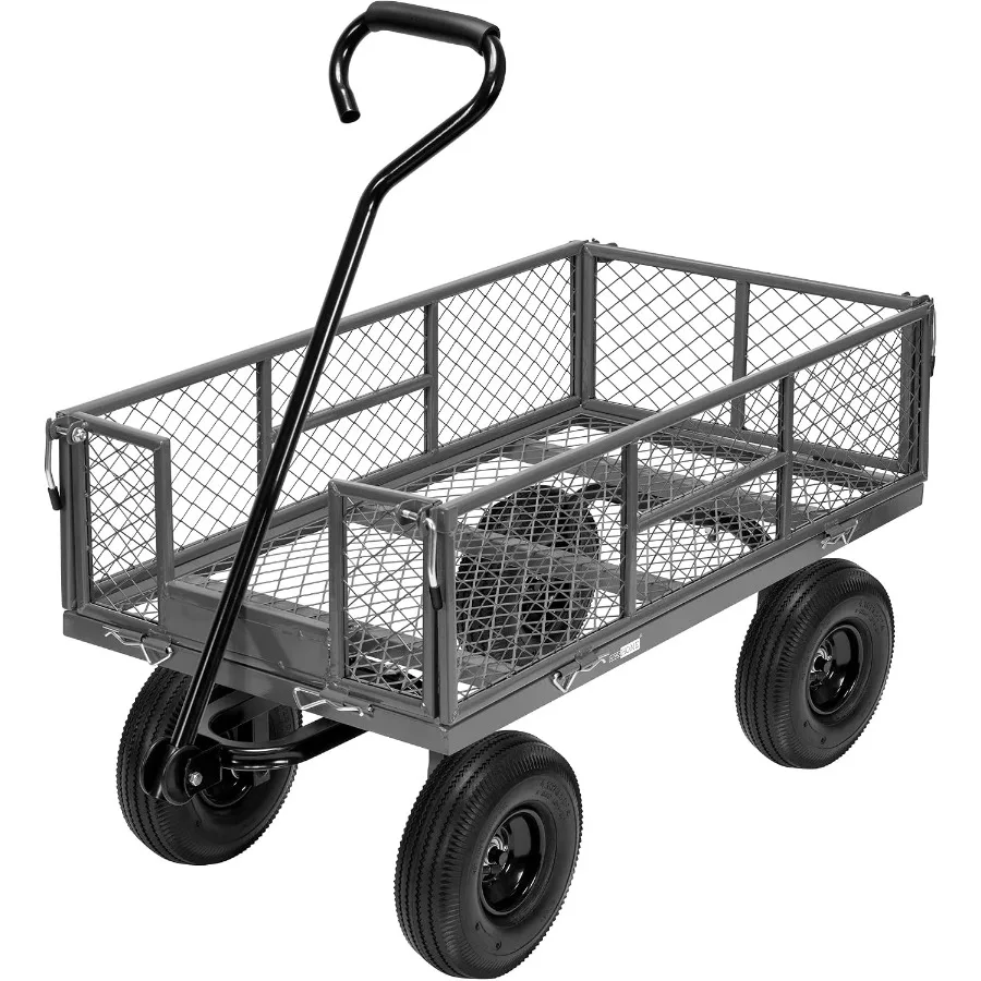 Heavy Duty 880 Lbs Capacity Mesh Steel Garden Cart Folding Utility Wagon with Removable Sides and 4.10/3.50-4