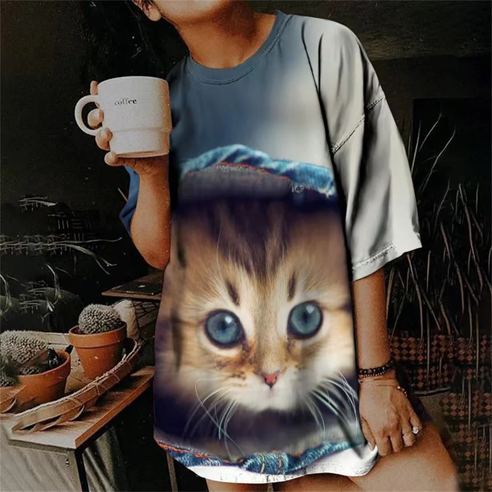 Summer T Shirts for Women 3d Cute Cat Fashion Print T-shirt Women\'s Clothing Short Sleeves Harajuku Animals Girls Kawaii Top Tee