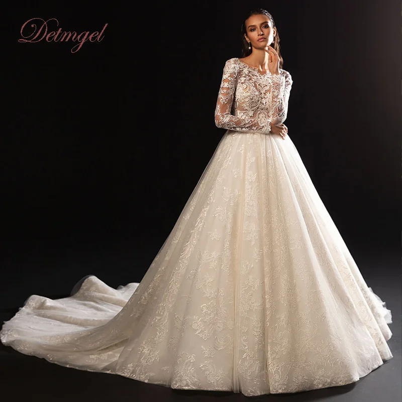 

Detmgel новейшее изысканное свадебное платье трапециевидной формы с круглым вырезом и открытой спиной, с длинными рукавами и бисером, кружевное свадебное платье со шлейфом по индивидуальному заказу