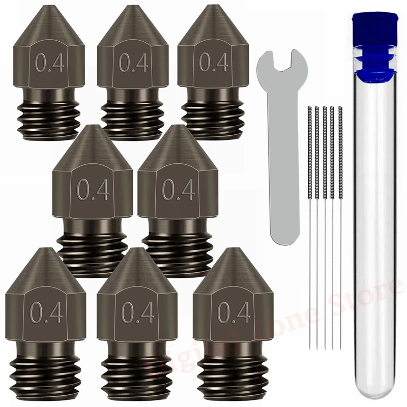 

8Pcs Hardened Steel Nozzle MK8 3D Printer Nozzles 0.4mm for CR-8 / CR-10 / Ender 3 with Wrenches and Cleaning Needles