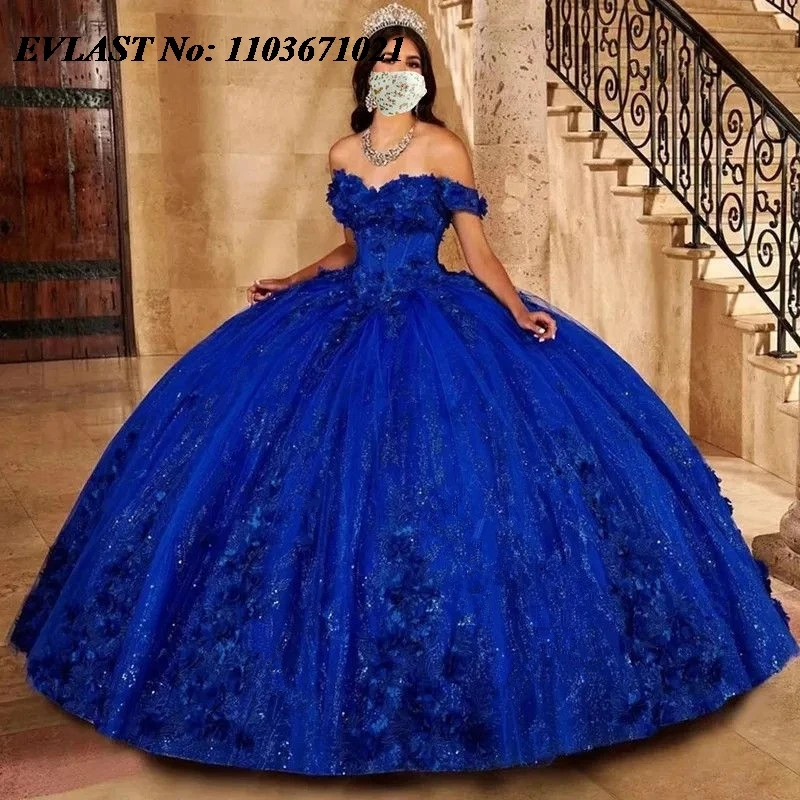 EVLAST Glitzerndes königsblaues Ballkleid-Quinceanera-Kleid mit 3D-Blumenspitze und Perlenapplikationen Mexiko Sweet 16, Vestidos De Anos SQ395