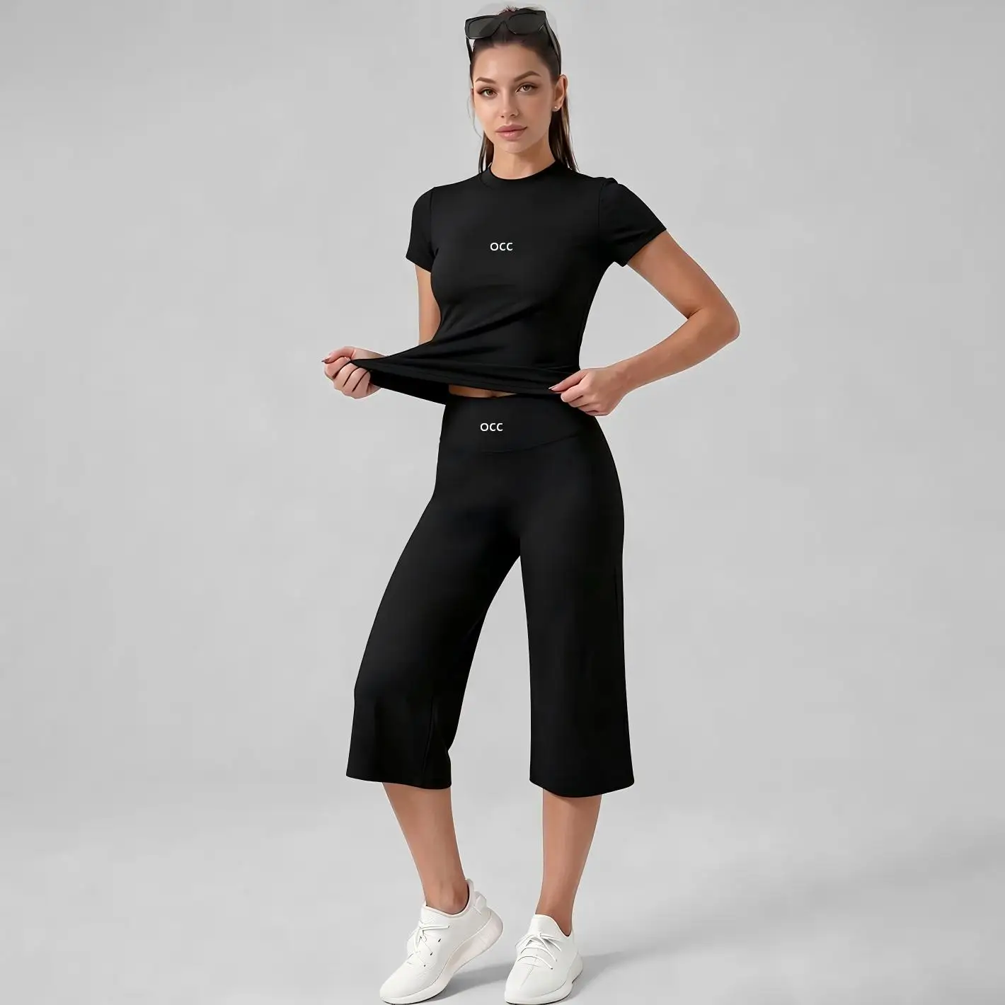 Wide leg cropped yoga suit set, high waist nude short sleeved, wide leg cropped yoga suit, quick drying exercise yoga suit