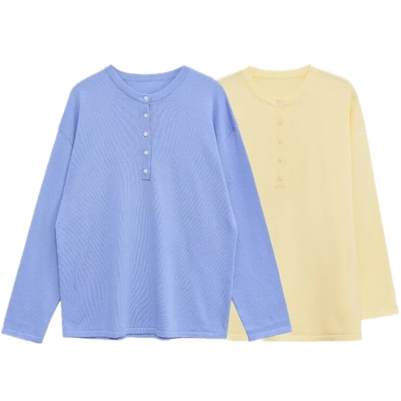 เสื้อสเวตเตอร์ถักทรงหลวม แขนยาว คอกลม แบบเรียบง่าย ติดกระดุม แฟชั่นผู้หญิง สำหรับฤดูใบไม้ร่วง รุ่นใหม่ล่าสุด ปี 2025 เหมาะสำหรับใส่ไปทำงาน สไตล์เรียบหรู ผ้าถักเนื้อนุ่ม...