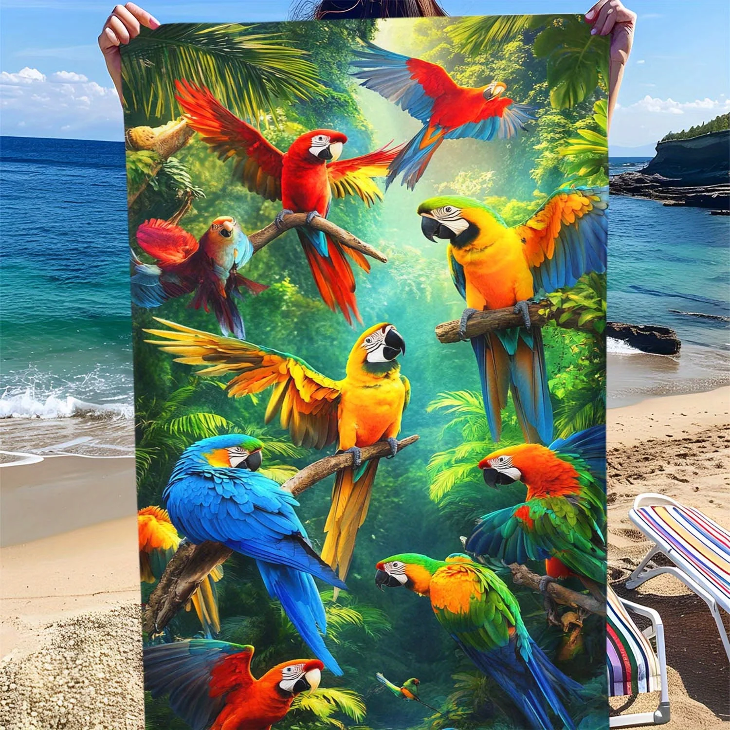 Vibrant Parrot Beach Towel - Soft, Lightweight & Sand-Free Microfiber with Colorful Parrot Print on Tropical Leaves