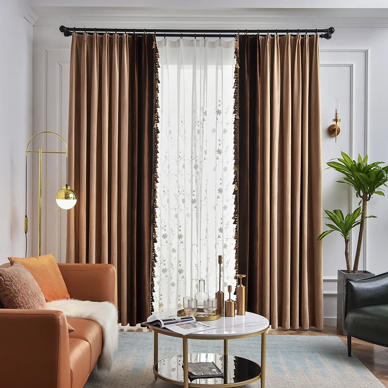 Custom Upscale Thick American fringe velvet vintage bedroom Champagne patchwork  cloth blackout curtain tulle drape C1871