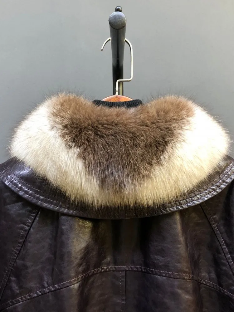 الشتاء النساء الدافئة الثعلب الفراء طوق أسفل سترة فضفاضة تناسب النفط الشمع جلد الغنم سترة جلدية حقيقية Vintage دراجة نارية السائق معطف