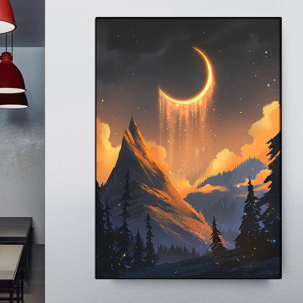 

Falling Stars Painting On Canvas Poster Deep Forest Tree Painting Print Mountain Abstract Wall Room Decoration Picture Frameless