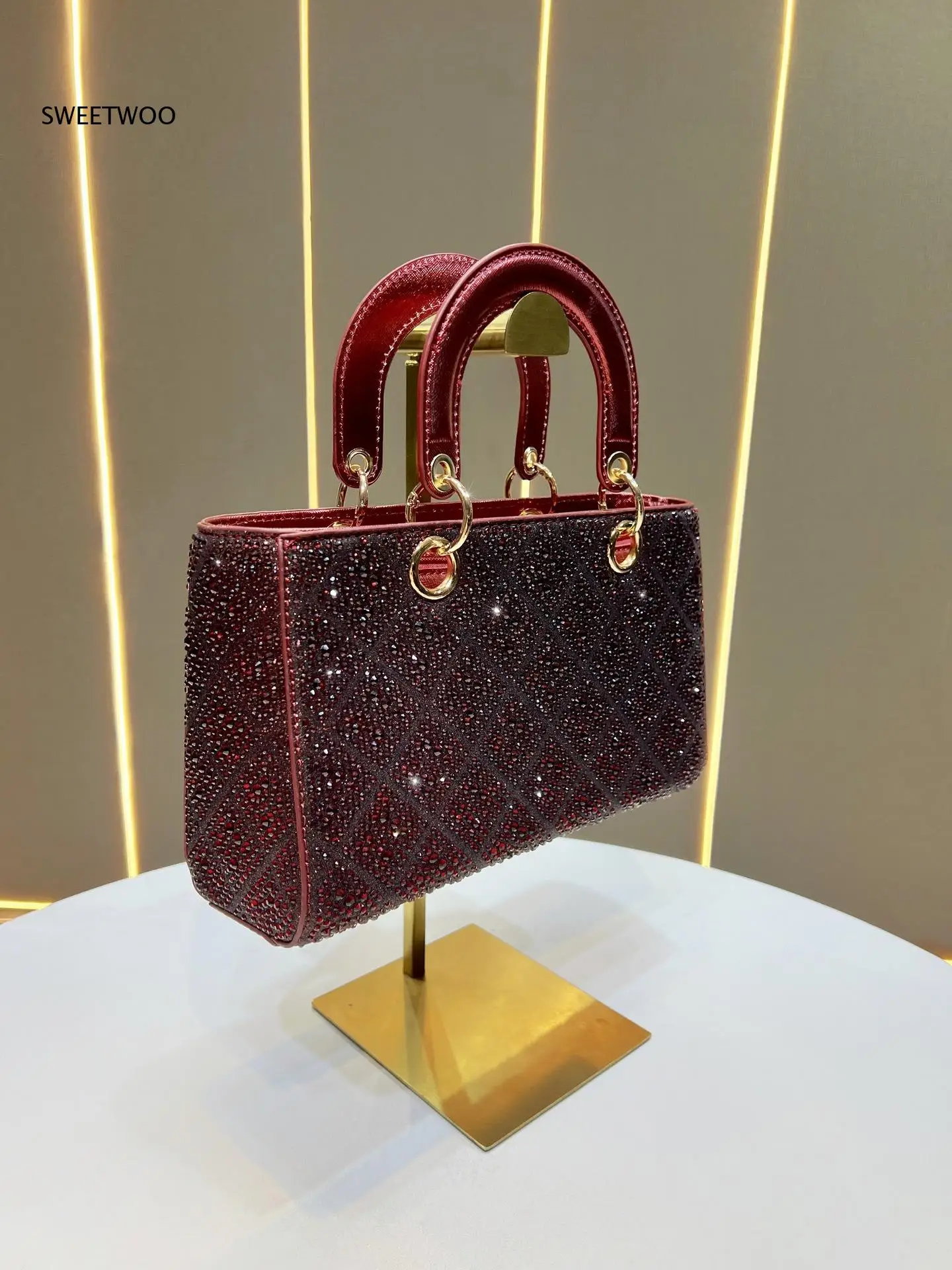 Full Rhinestone Diamond Lattice Hand Bag Short Metal Top Handle Detachable Thin Chain Strap Multi Color Formal Evening Purse