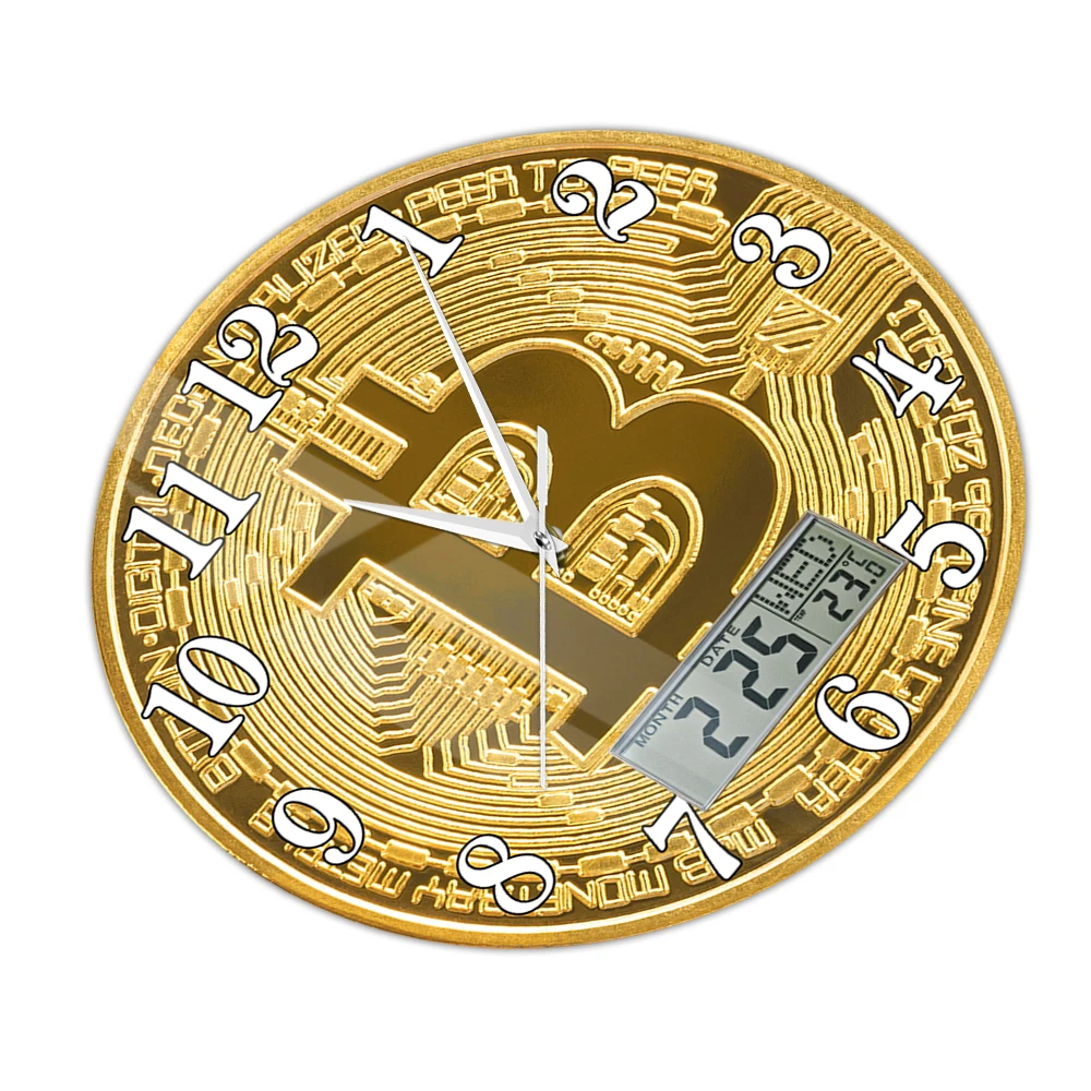 Bitcoin Symbol Printed Wall Clock with LCD Display Golden Coin Cryptocurrency Decor Silent Clock Perpetual Calendar Temperature view 4