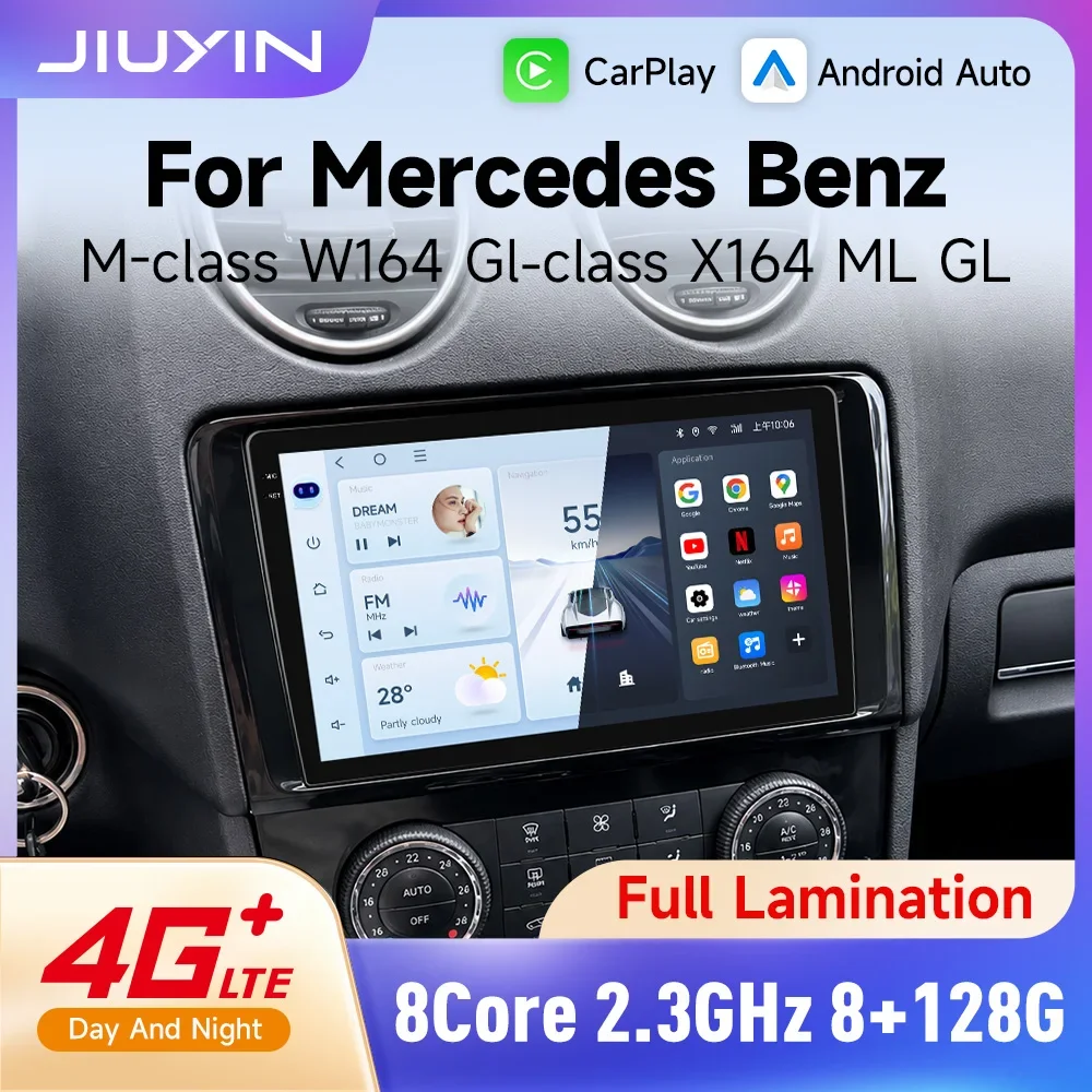 JIUYIN Android 14 Autoradio mit kabellosem CarPlay und Android Auto, 2-DIN-Autoradio mit Carplay-Audio-Multimediafunktion für Mercedes-Benz M-Klasse W164, GL-Klasse X164, ML, GL, Baujahr 2005–2012.