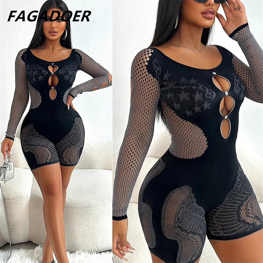 

FAGADOER Sexy Hollow Thick Lace Elasticity Rompers Women Long Sleeve Bodycon One Pieces Jumpsuits Female See Through Overalls