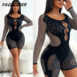 FAGADOER Sexy Hollow Thick Lace Elasticity Rompers Women Long Sleeve Bodycon One Pieces Jumpsuits Female See Through Overalls
