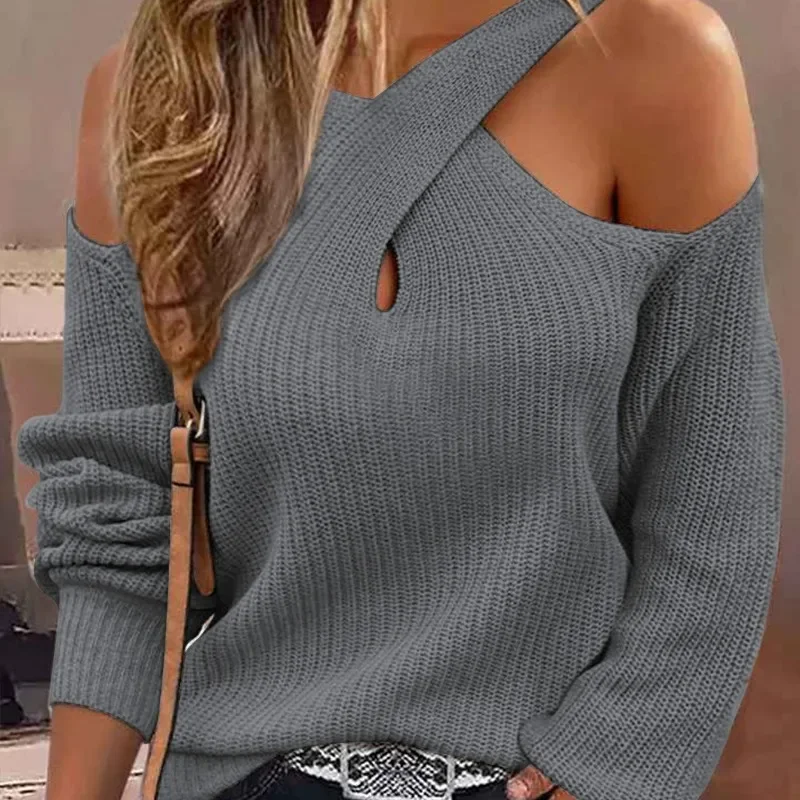 

2024 Temperament Cut-out Street Fashion Elegant Spring Summer New Women's Solid Color Rib Knit Cross Off-the-shoulder Sweater