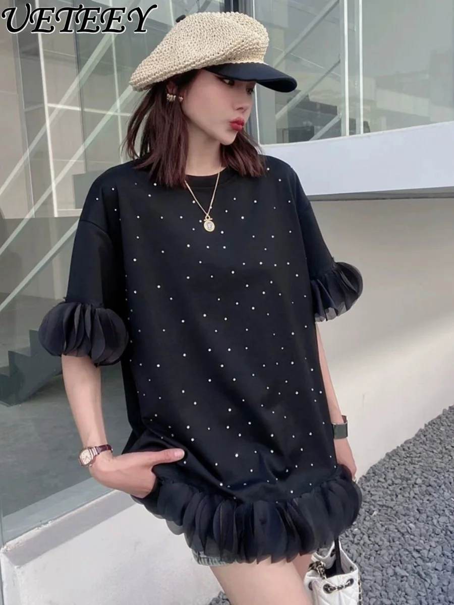 

Heavy Industry Rhinestone Stitching Short Sleeve Round Neck Dress Women's Summer Slim Temperament Mid-Length Straight T-shirt