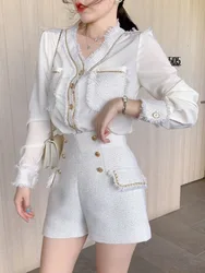 Korean Fashion Streetwear Tweed 2 Piece Set Women Long Sleeve Shirt Blouse Tops +  Shorts Sets Vintage Two Piece Pant Suits