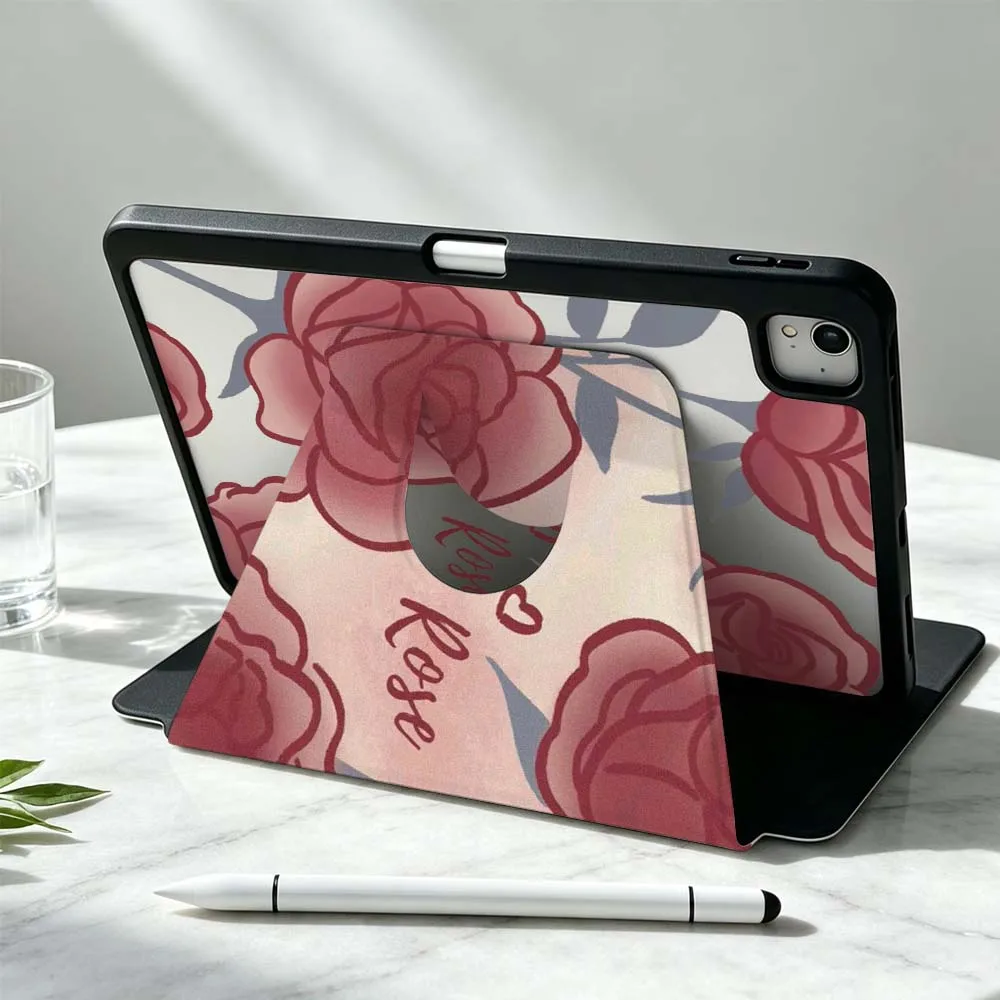 Red Rose Pattern Soft For iPad Pro Air mini 6 5 4 12th M5 M4 M3 M2 A16 A17Pro 360° Rotation Stylus Storage Tablet Case