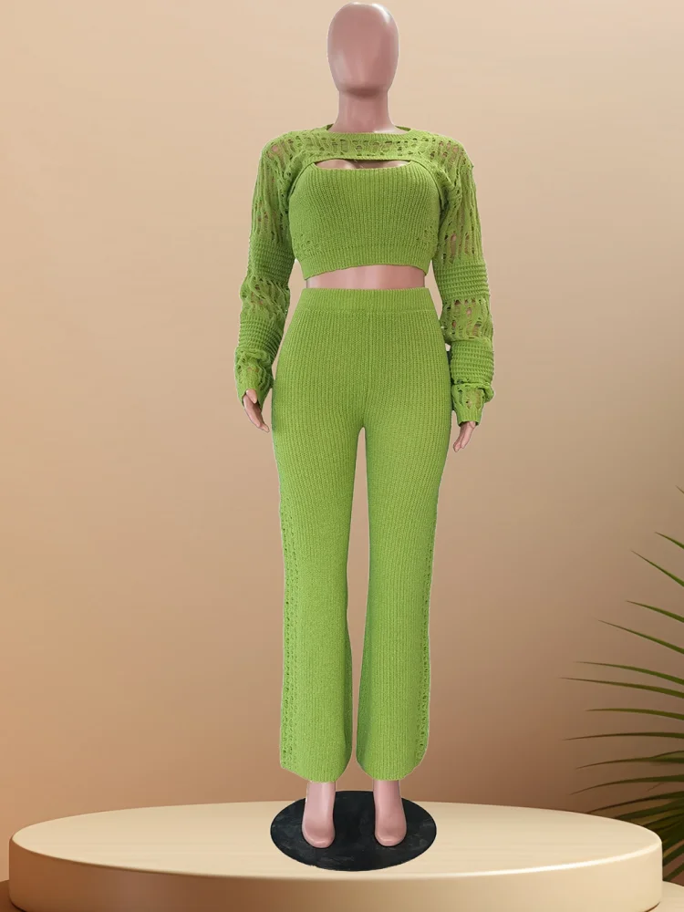 

Sister Star Women's Suit Comfortable Leisure Long Sleeve Solid Color Hollow Knitting Temperament Commuting Three-piece Outfit