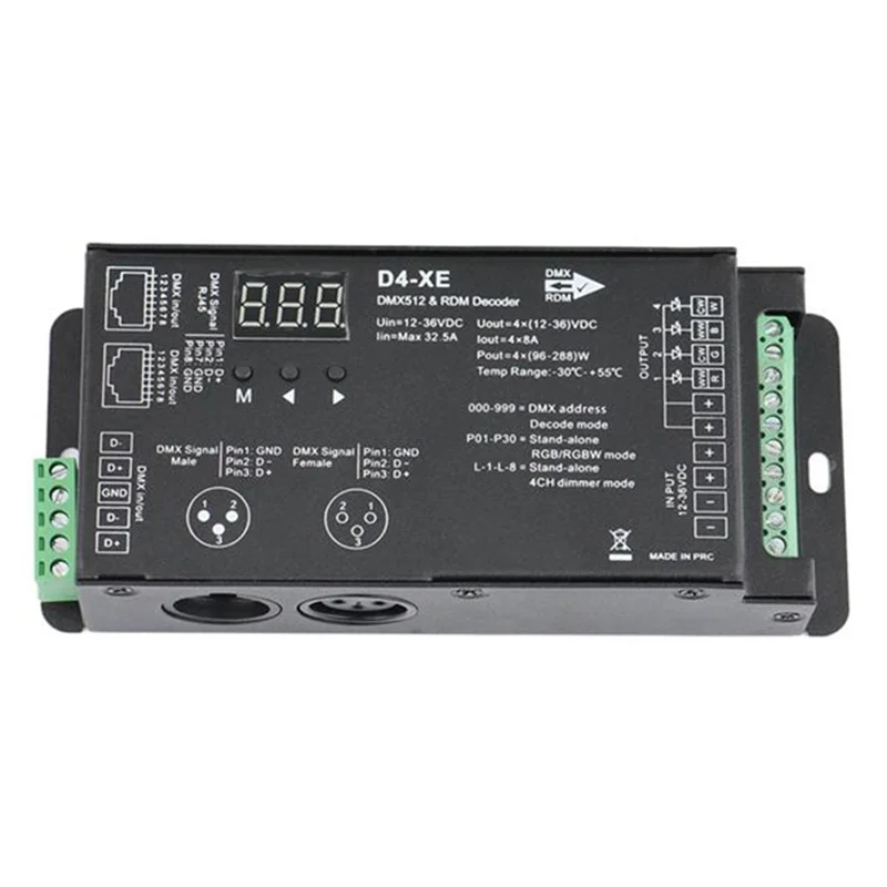 

4-канальный контроллер декодера DMX D4-XE, ШИМ, без мерцания, затемнение, 12 В-36 В, цифровой дисплей, 2000 Гц, 500 Гц для светодиодных фонарей RGB-N33R