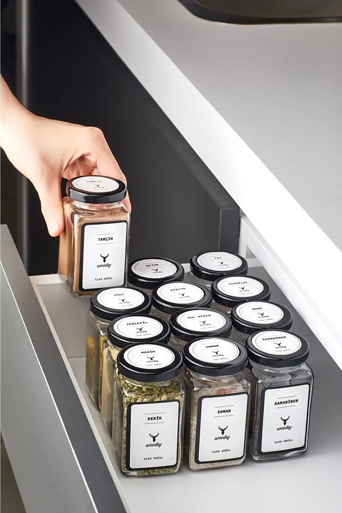 Set of 12 Glass Jars 160 ml 12 Spices Labels of Kitchen Cabinet Organizer