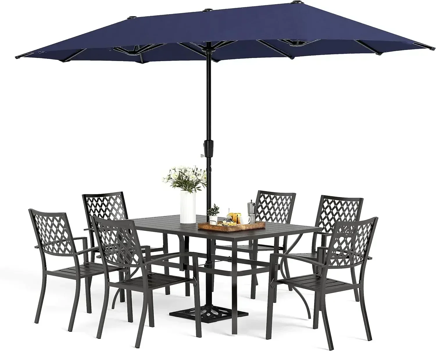 8 Piece Patio Dining Set with 13ft Double-Sided Patio Umbrella Metal Outdoor Picnic Table Dining Set with 6 Outdoor