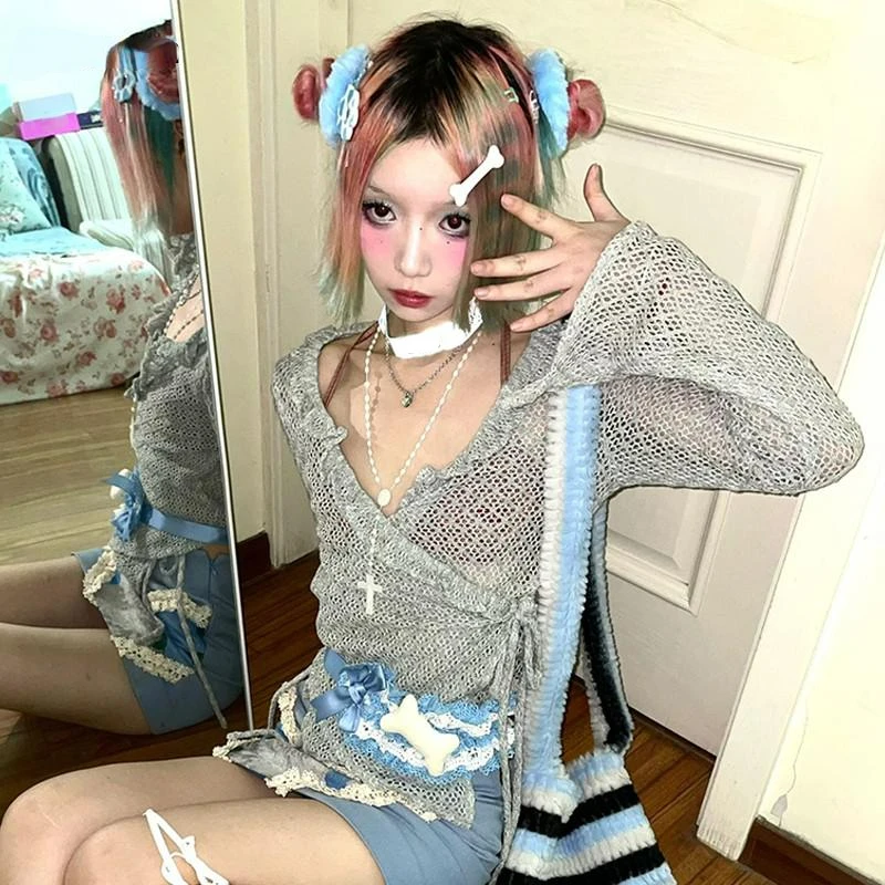 Japanese Gothic Y2k Hollow Out Cardigan 2000s Aesthetics Thin Knitwear Vintage Harajuku Irregular Knitted Top E-girls Fairycore