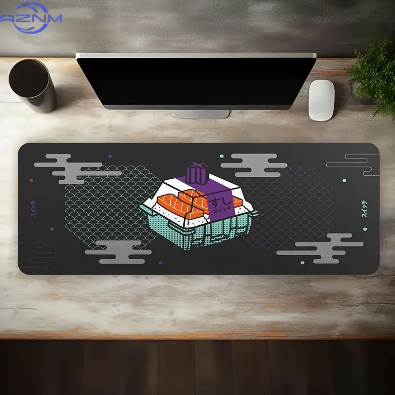 A Large Gaming Mouse Pad Featuring a Black Background with Sushi Elements, Equipped with a Non-Slip, Washable Rubber Base. This