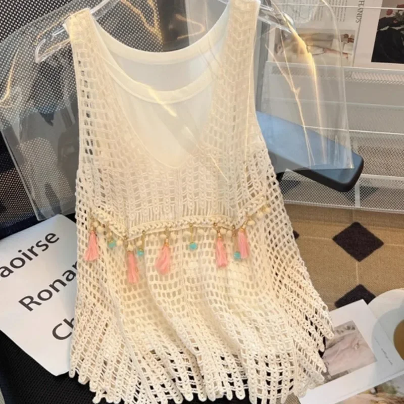

2025 Hollow Out Blouse Female Tassel Desire Vacation Style Sleeveless Loose Fringe Beach Vacation Summer Top Shirt New