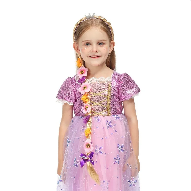 Peruki do przebierania księżniczek dla dziewczynek, długie warkocze, opaski z tiarą i kwiatami, akcesoria do cosplay dla dzieci na Halloween