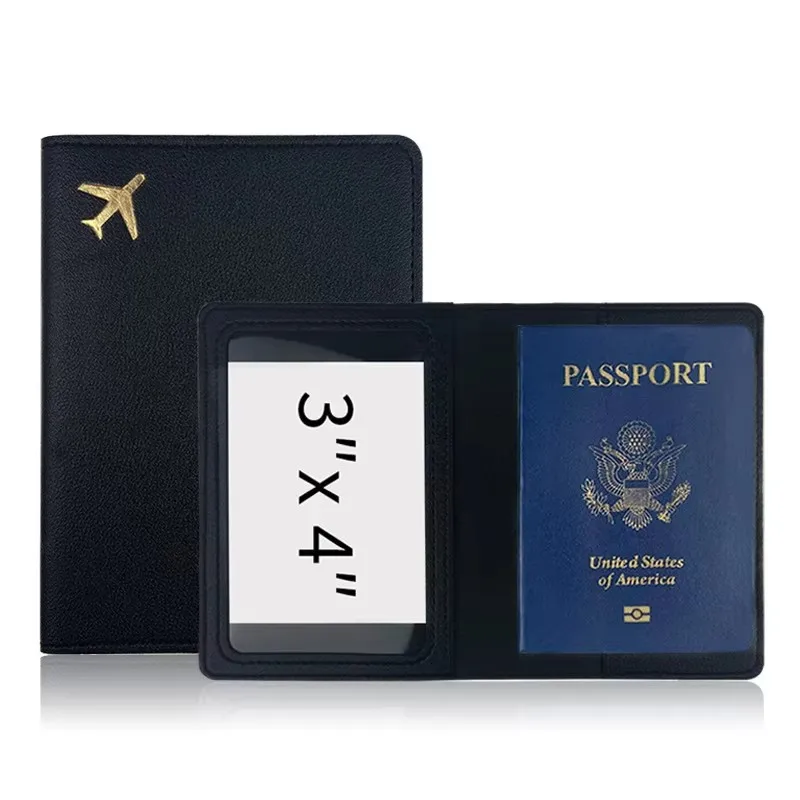 1pc novo couro do plutônio titular do passaporte ouro avião saco de passaporte portátil artesanal costura clipe de passaporte acessório de viagem capa